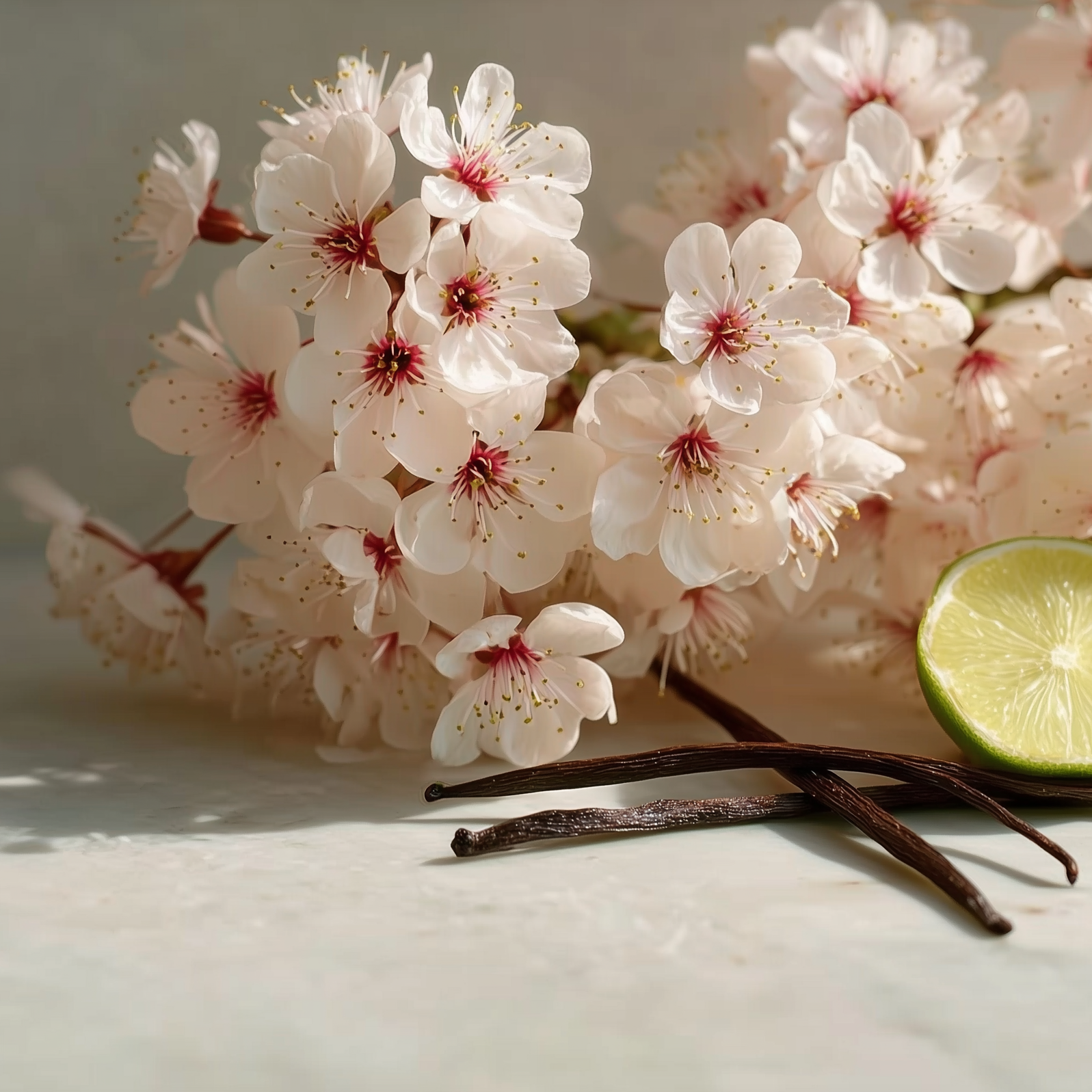 Cherry blossoms with vanilla beans and a lime on a light background